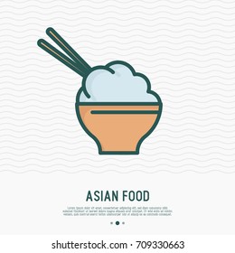 Bowl with rice and chopsticks thin line icon. Traditional asian food. Simple vector illustration.