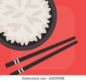 Bowl of rice and chopsticks, top view, vector illustration.