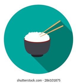 bowl of rice with pair of chopsticks in color flat icon style