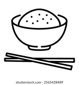 A bowl of rice and a pair of chopsticks, representing Asian cuisine, traditional meals, and cultural dining round line vector icon with editable stroke 