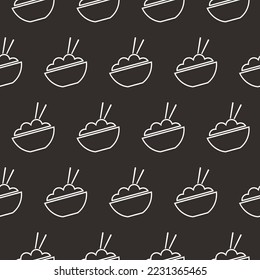 Bowl with rice, seamless pattern, vector. Pattern of bowls with rice on a dark background.