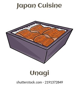 Bowl of rice topped with broiled eel in unagi sauce.