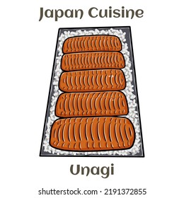 Bowl of rice topped with broiled eel in unagi sauce.