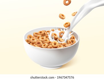 A bowl of ring cereals or cheerios with pouring milk splashes. 3d realistic food element isolated on light yellow background. svg
