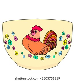 Bowl, rooster and flowers patterns bowl vector.