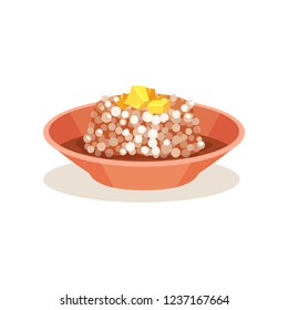 Bowl of sago pudding with butter on top. Malaysian food. Asian cuisine. Flat vector icon