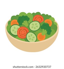 Bowl with salad of broccoli, cucumber, tomatoes and carrots on white background.