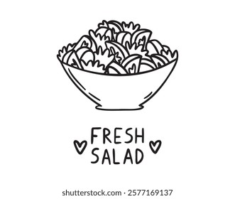 Bowl of salad doodle hand drawn icon. Outline drawing bowl of fresh salad line clipart symbol. Vector illustration