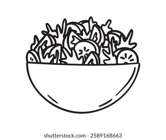 Bowl of salad doodle hand drawn icon. Outline drawing bowl of fresh salad line clipart symbol. Vector illustration