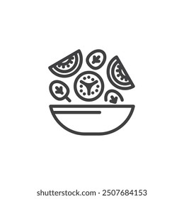 Bowl of salad line icon. linear style sign for mobile concept and web design. Vegetable salad outline vector icon. Nutritious meal symbol, logo illustration. Vector graphics