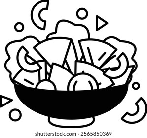 A bowl of salad with a variety of vegetables including tomatoes, cucumbers, and lettuce. The bowl is black and white, and the vegetables are scattered throughout the bowl