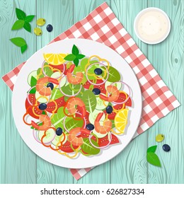 Bowl of salad with vegetables and prawns on checkered tablecloth and wooden board. Vector illustration.