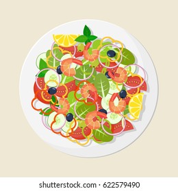 Bowl of salad with vegetables and prawns. Vector illustration.