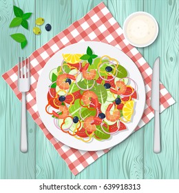Bowl of salad with vegetables and prawns. Vector illustration.