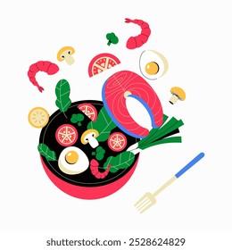 Bowl with salmon, vegetables, and shrimp in flat vector illustration symbolizing healthy eating, nutrition, and seafood cuisine, isolated on white background.