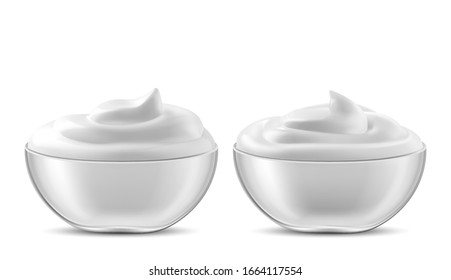 Bowl with sauce, cream, mayonnaise or yogurt. Glass cup with fresh dairy product, creamy cheese, sour or sweet mousse with swirl isolated on white background, realistic 3d vector illustration