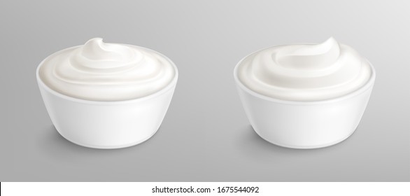 Bowl with sauce, cream, mayonnaise or yogurt. White porcelain cup with fresh dairy product, creamy cheese, sour or sweet swirl mousse with shadow isolated on background, realistic vector illustration