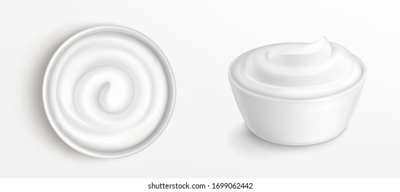 Bowl with sauce, cream. mayonnaise or yogurt top and front view. White porcelain cup with fresh dairy product, creamy cheese, sour or sweet mousse with swirl isolated realistic 3d vector clip art