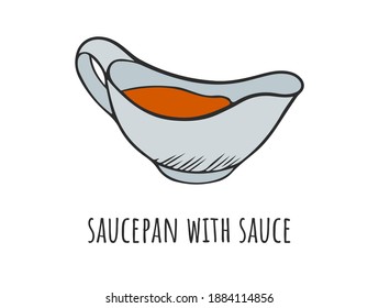 Bowl with sauce, ketchup or barbecue sauce. Vector illustration of a gravy boat in cartoon style. Menu decoration in sketch style and color.