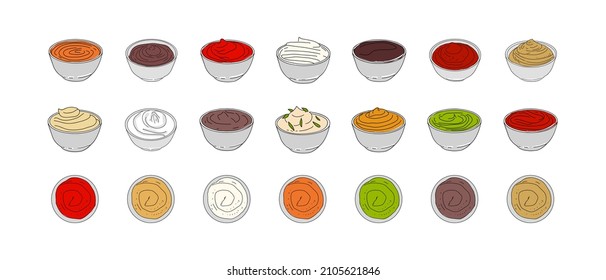 Bowl with sauce set, hand drawn vector design. Fast food menu design elements. Design element for logo, poster, menu, flyer, banner, menu, package. Vector.