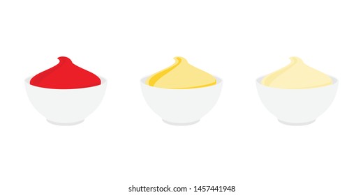 Bowl with sauce set isolated on white background. Tomato ketchup, sour cream, mustard and mayonnaise