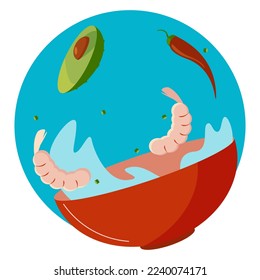 bowl with sauce, shrimp, avocado, and chilli, vector illustration