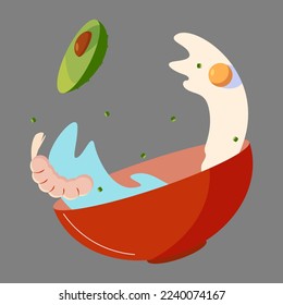 bowl with sauce, shrimp, avocado, and egg, vector illustration