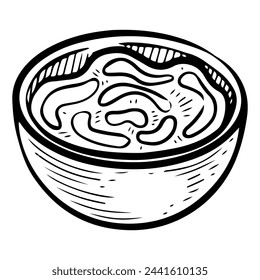 Bowl sauce sketch. Sweet cream. Top syrup. Salty topping for food. Hand drawn vector illustration.