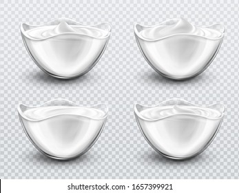 Bowl with sauce, sour cream, mayonnaise or yogurt realistic vector. Glass cup with fresh dairy product, creamy cheese or sweet mousse with swirl isolated on transparent background, 3d illustration