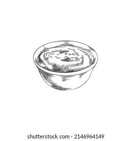 Bowl with sauce or yogurt, hand drawn sketch vector illustration isolated on white background. Dish with ketchup, mustard, mayonnaise or food dip.