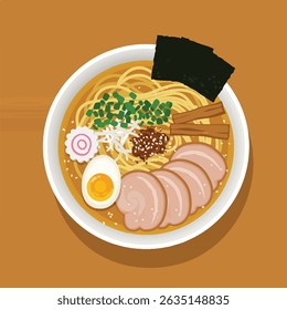 A bowl of savory Japanese ramen with egg, meat, seaweed, and other toppings.