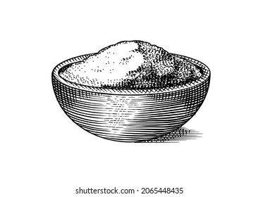 Bowl with sea salt. Spice in natural packaging. Flavoring or saline. Vintage background banner. Engraved hand drawn old sketch. 