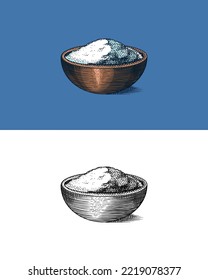 Bowl with sea salt. Spice in natural packaging. Flavoring or saline. Vintage background banner. Engraved hand drawn old sketch. 