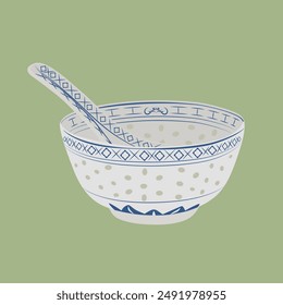 Bowl in the shape of a lotus with light bluish-green glaze. blue-and-white porcelain. Rice Pattern Porcelain Tableware. Traditional and local pattern Bowl in Hong Kong restaurants.