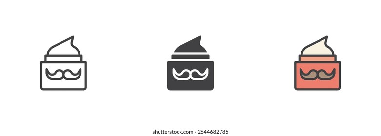 Bowl with shaving cream icon set shown in outline, solid, and colorful filled outline styles. Classic grooming foam icon and vector barbershop sign symbol.