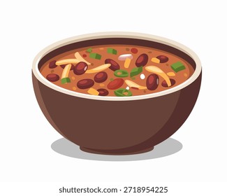 Un tazón se asienta sobre una superficie plana llena de una mezcla de frijoles refritos. Los frijoles parecen ricos en color con trozos de verduras visibles en todo. Este Vector de estilo de dibujos animados enfatiza la forma del tazón y el contenido en su interior. El fondo es simple, enfocando la atención en el tazón. La escena captura un momento de una preparación de comida que involucra comida tradicional comúnmente vista en muchas cocinas.