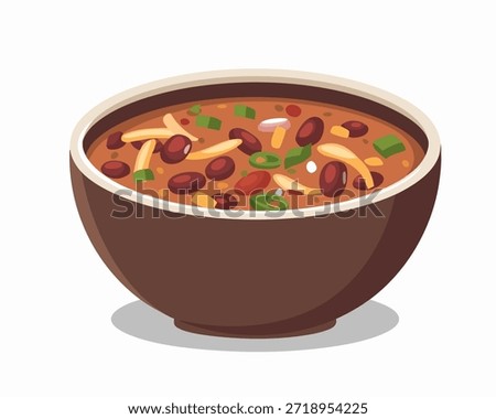 A bowl sits on a flat surface filled with a mixture of refried beans. The beans appear rich in color with chunks of vegetables visible throughout. This cartoon-style vector emphasizes the shape of the bowl and the contents inside. The background is simple, focusing attention on the bowl. The scene captures a moment of a meal preparation involving traditional food commonly seen in many cuisines.