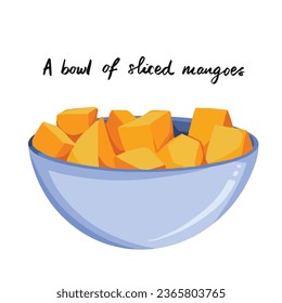 A bowl of sliced orange colored mangoes fruit in light gray colored bowl healthy food vector illustration isolated on square white background. Simple flat cartoon art styled drawing.