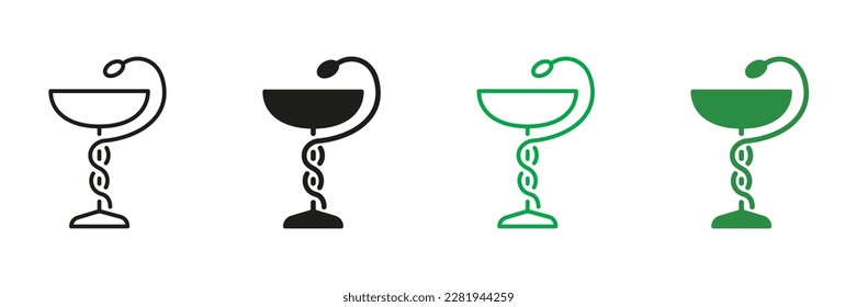 Bowl with Snake Line and Silhouette Icon Set. Pharmaceutical or Medical Clinic, Drugstore, Hospital Symbol Collection. Pharmacy Black and Color Pictogram. Isolated Vector Illustration.