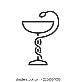 Bowl with Snake Pharmacy Line Symbol. Pharmaceutical or Medical Clinic Linear Pictogram. Drugstore, Hospital, Clinic Outline Emblem. Pharmacy Icon. Editable Stroke. Isolated Vector Illustration.