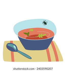 A bowl of soup. Appetizing warm food. Lunch. fly sitting on a bowl. Flat vector illustration.