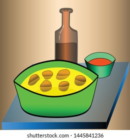 a bowl of soup, a bottle and a bowl of juice