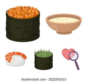 Bowl of soup, caviar, shrimp with rice. Sushi set collection icons in cartoon style vector symbol stock illustration web.