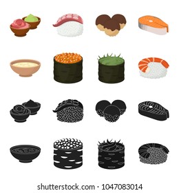Bowl of soup, caviar, shrimp with rice. Sushi set collection icons in black,cartoon style vector symbol stock illustration web.