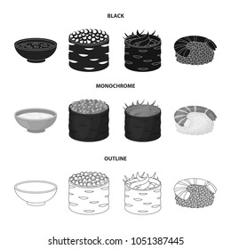 Bowl of soup, caviar, shrimp with rice. Sushi set collection icons in black,monochrome,outline style vector symbol stock illustration web.