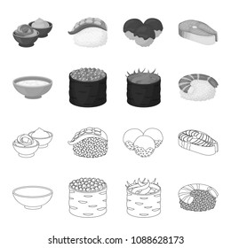 Bowl of soup, caviar, shrimp with rice. Sushi set collection icons in outline,monochrome style vector symbol stock illustration web.