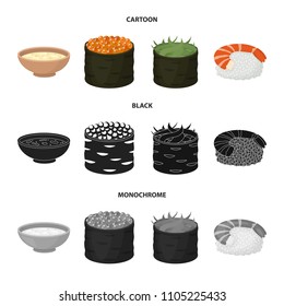 Bowl of soup, caviar, shrimp with rice. Sushi set collection icons in cartoon,black,monochrome style vector symbol stock illustration web.