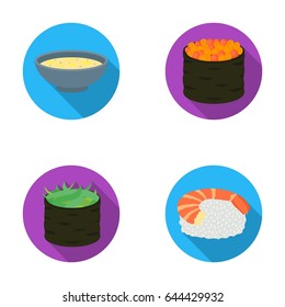 Bowl of soup, caviar, shrimp with rice. Sushi set collection icons in flat style vector symbol stock illustration web.