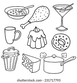 bowl of soup chicken leg martini glass mug with handle cake donut dumpster cutting the piece of cheese pan boiling with a long handle and lid