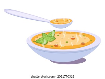 Eine Schüssel Suppe. Erster Kurs. Gemüsesuppe oder reine Suppe zum Kollagen. Vektorgrafik. Cartoon-Stil. Vegetarisches oder traditionelles Gericht für alle Länder der Welt. Kann auch für Rezepte im Design verwendet werden.